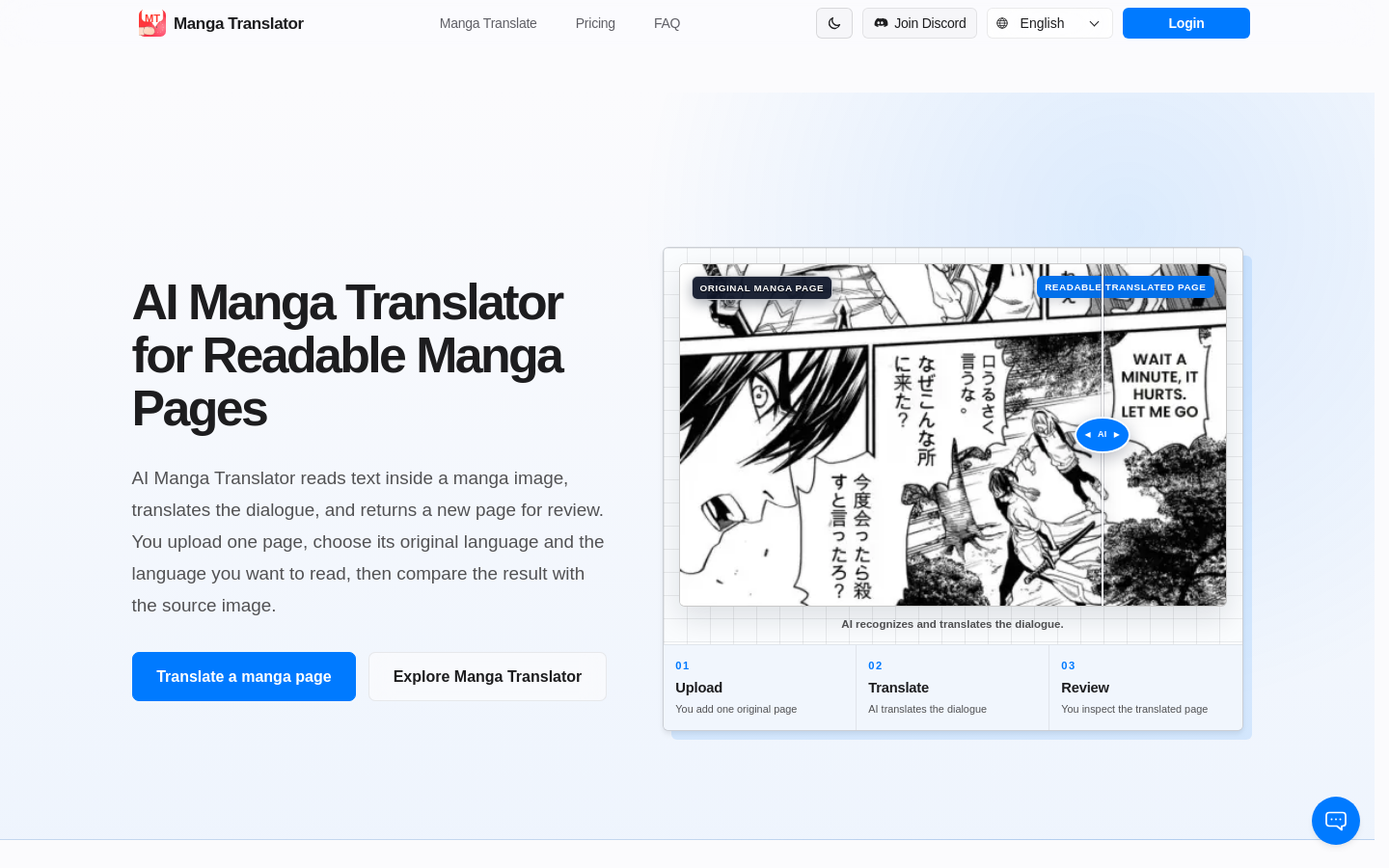 manga translator AI website preview