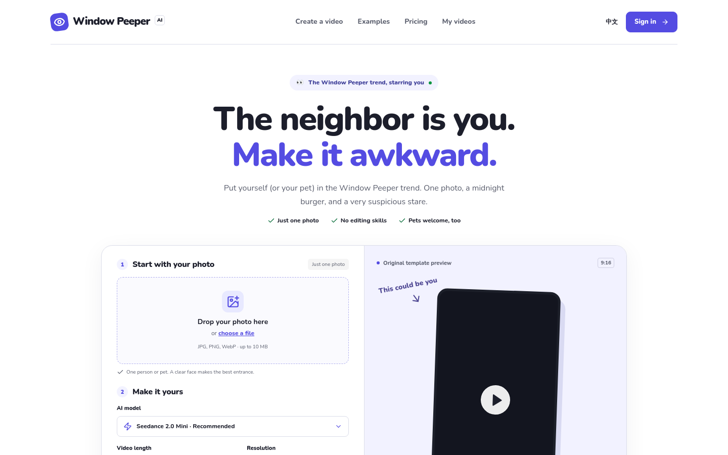 Window Peeper — Window Peeper AI Video Generator website preview