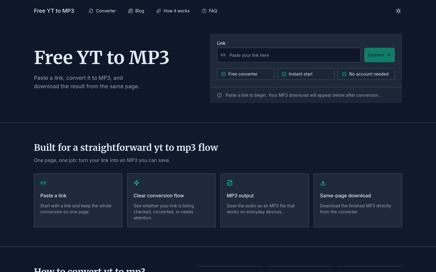Free YT to MP3 website preview