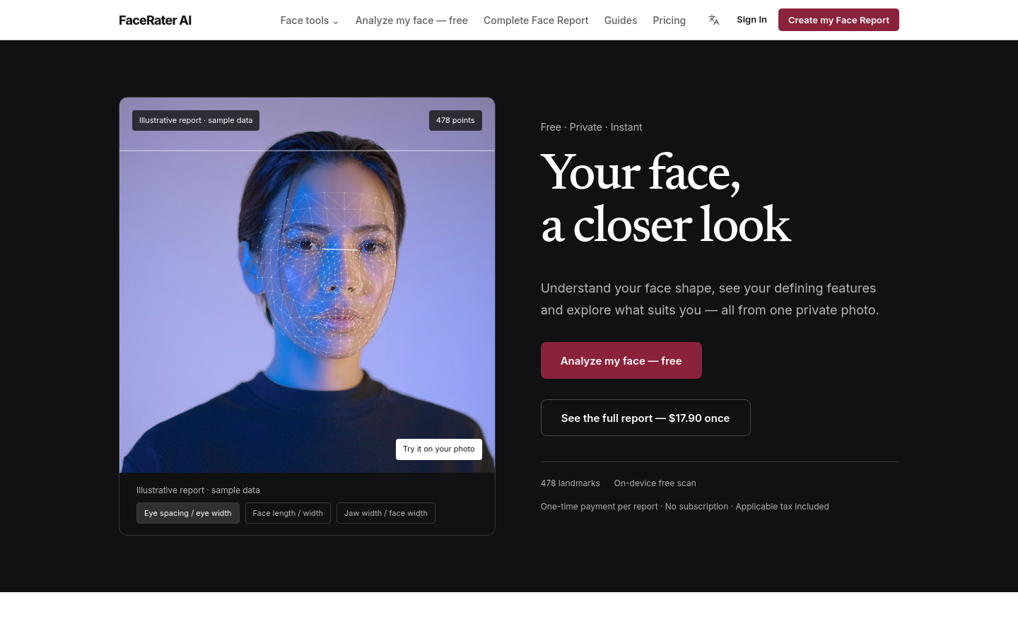 FaceRater AI — AI Face Rating & Private Portrait Reports website preview
