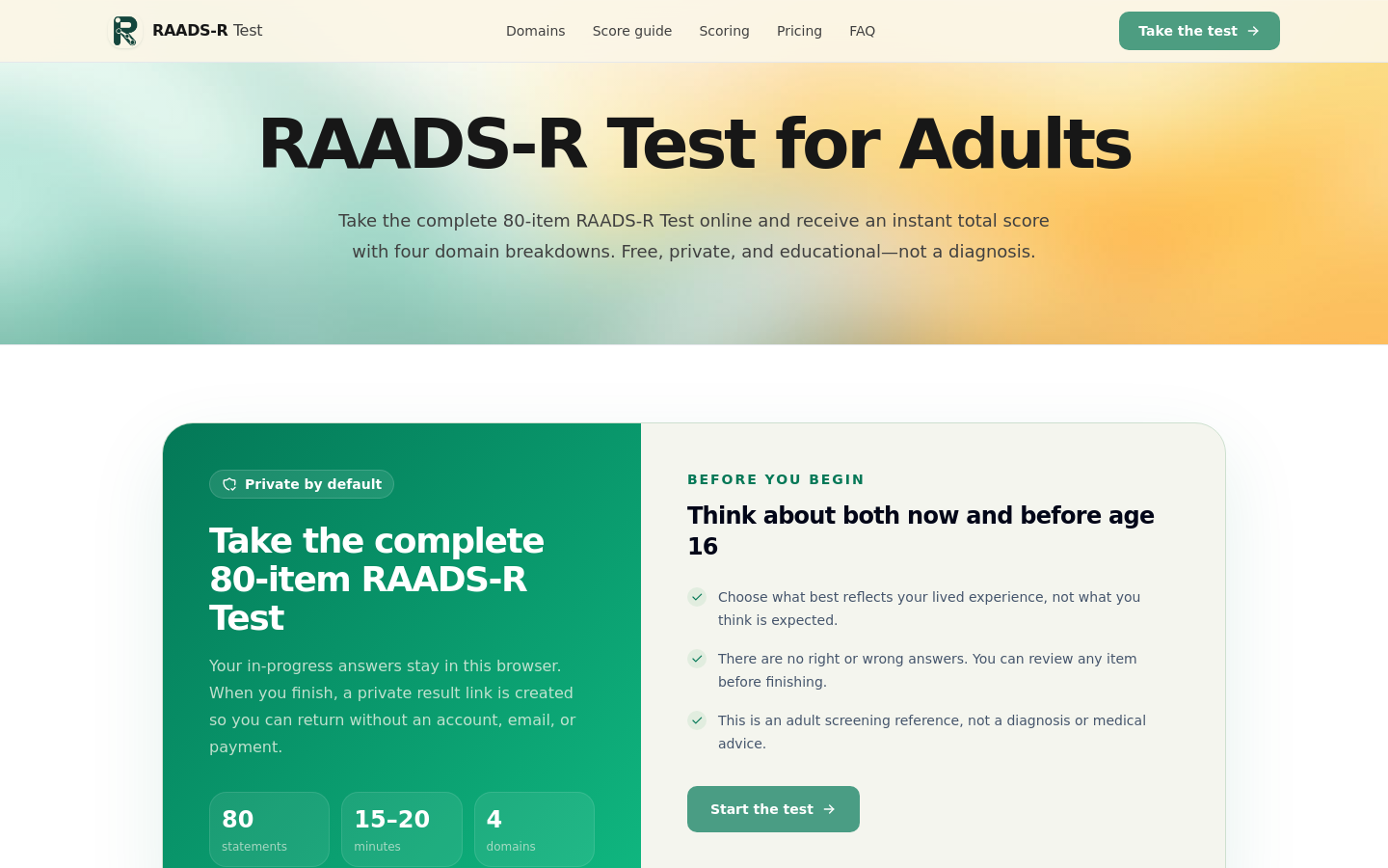RAADS-R Test Online website preview