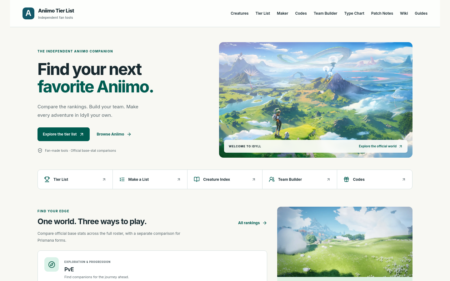 Aniimo Tier List, Codes & Team Builder – Fan Tools Hub website preview