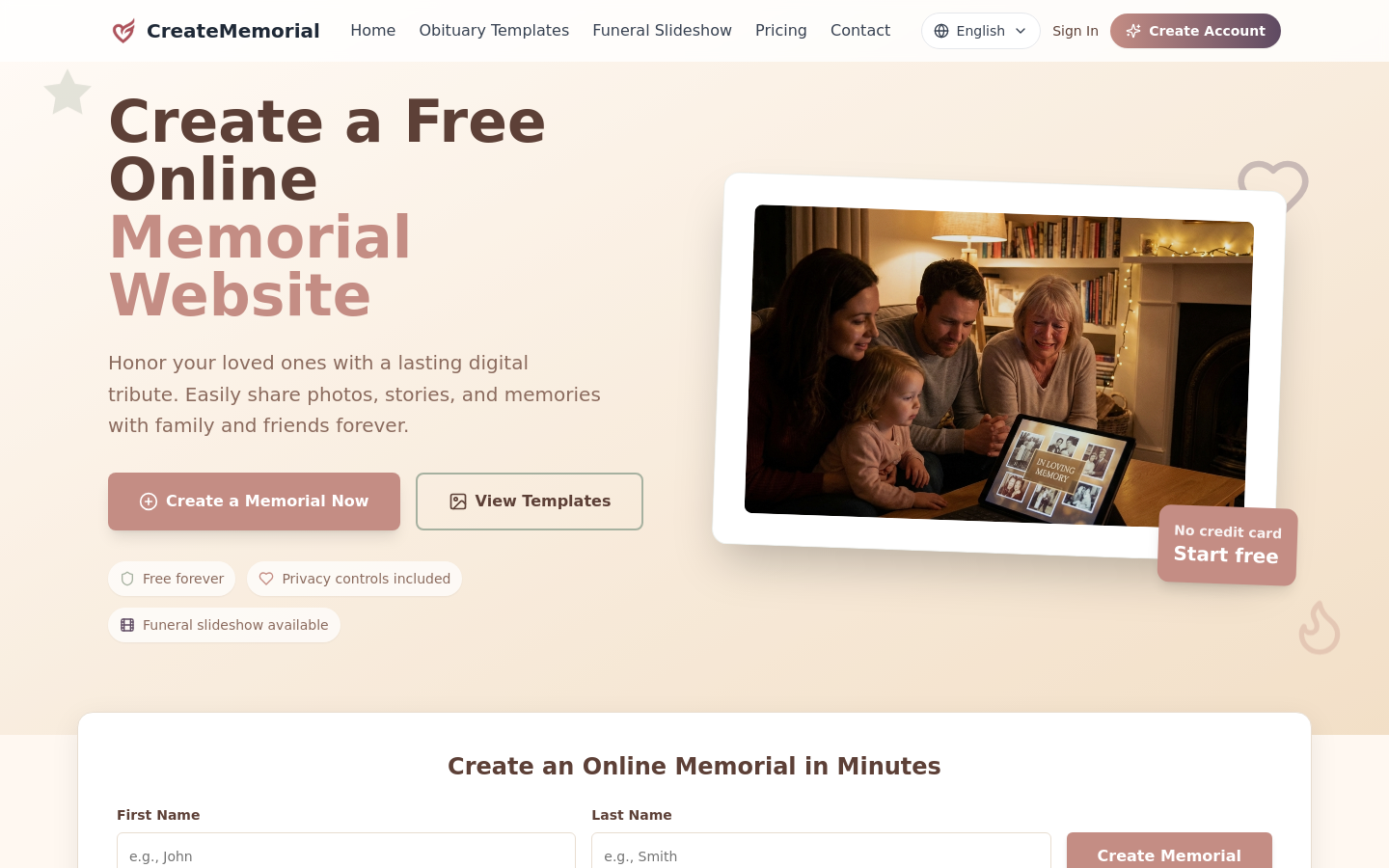 CreateMemorial website preview
